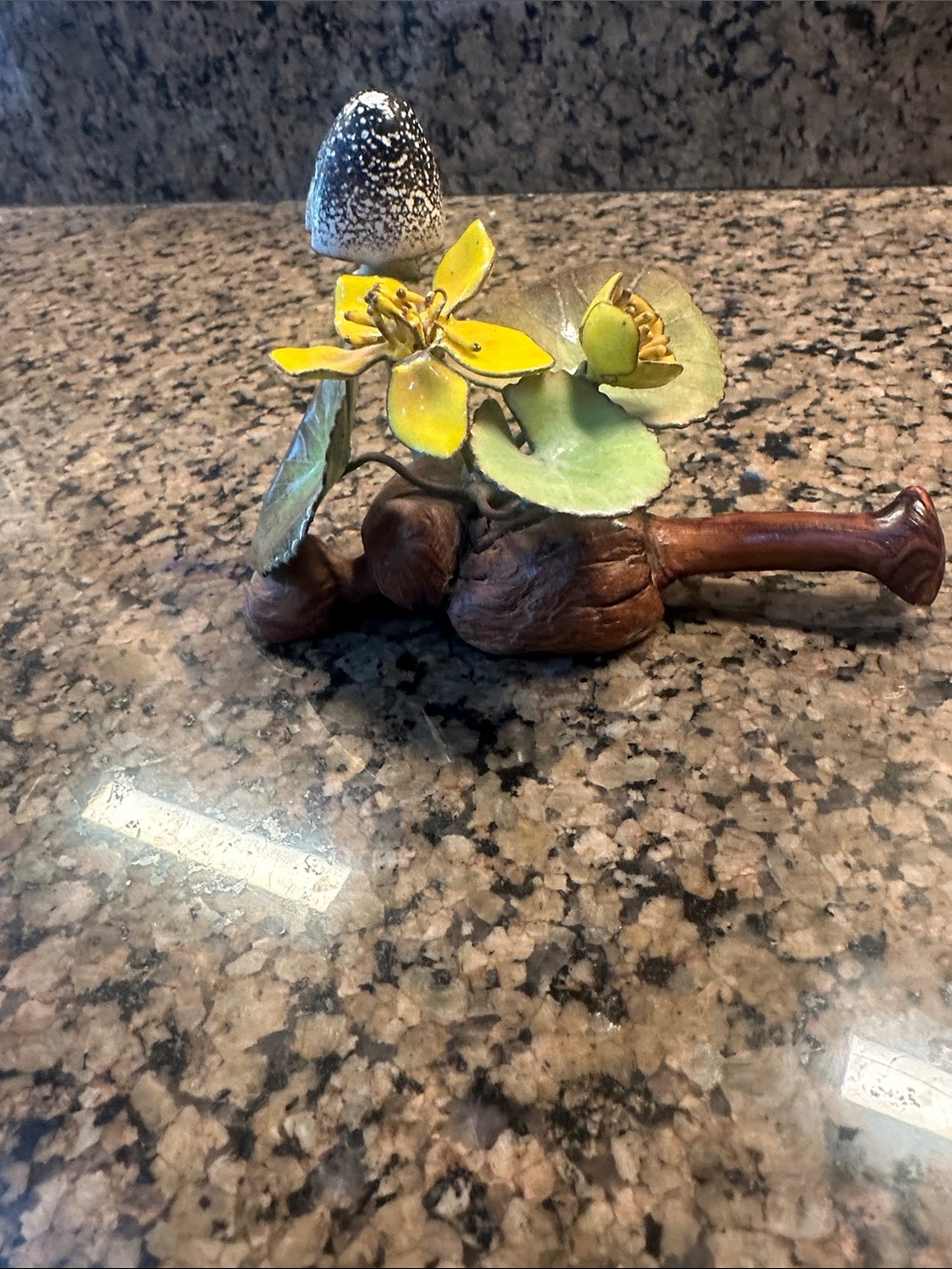 Mushroom floral sculpture Brumm Stydio enamel on cooper burl wood c. 1970